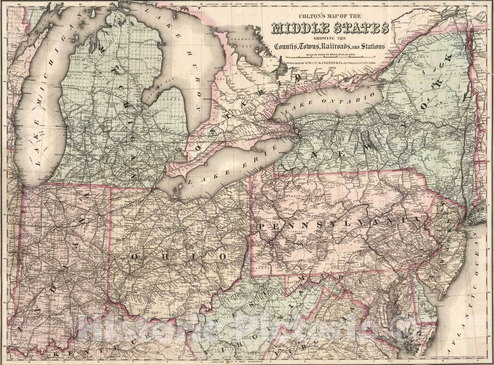 Historic Map : Map of The Middle States, 1874 - Vintage Wall Art