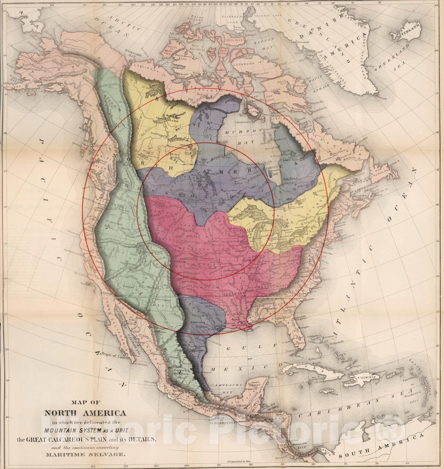 Historic Map : North America in which are delineated the Mountain System as a Unit, the Great Calcareous Plain, 1873, William Gilpin, Vintage Wall Art