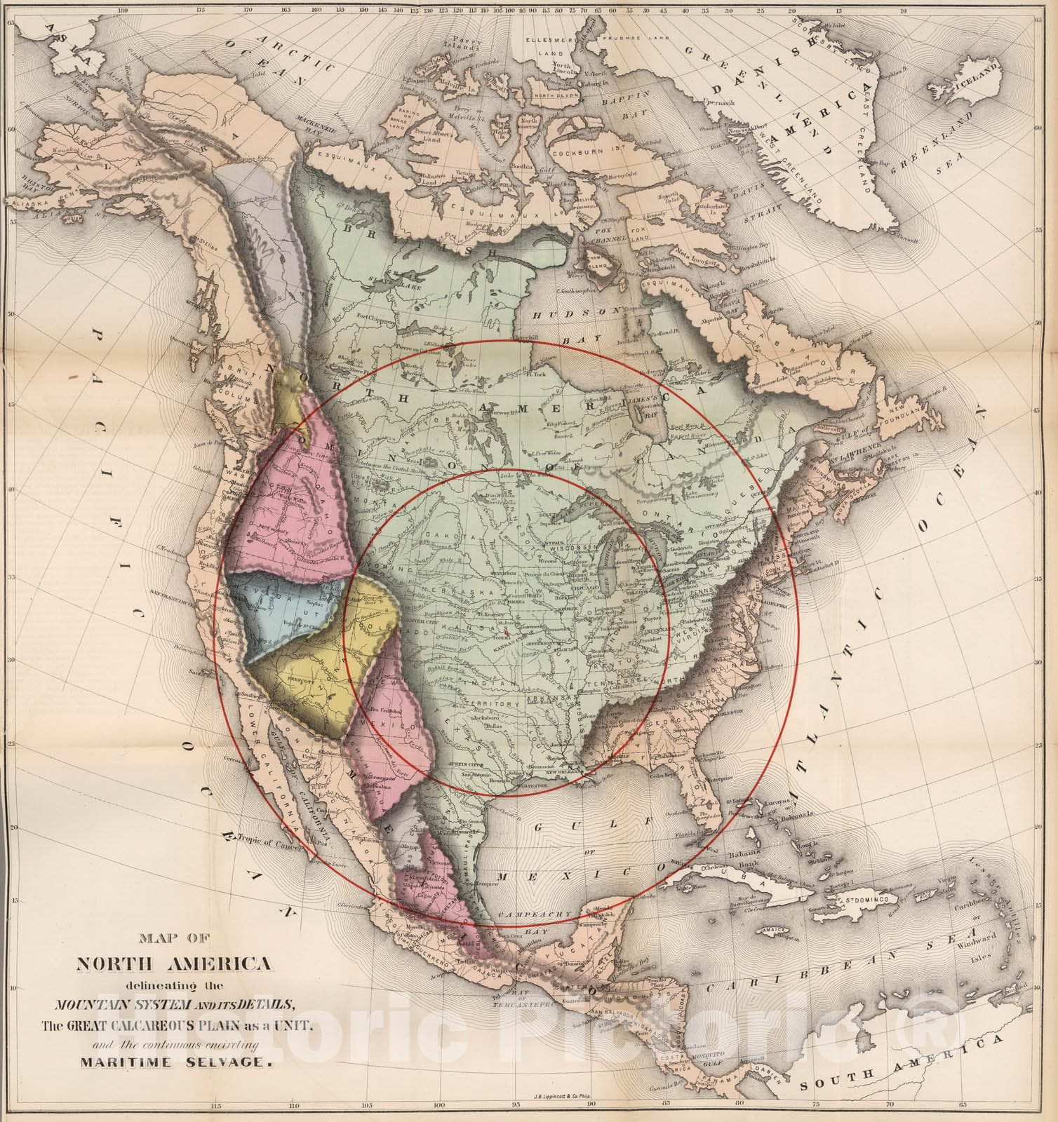 Historic Map : Map of North America. Delineating the Great Calcarious Plain as a Unit, 1873 - Vintage Wall Art