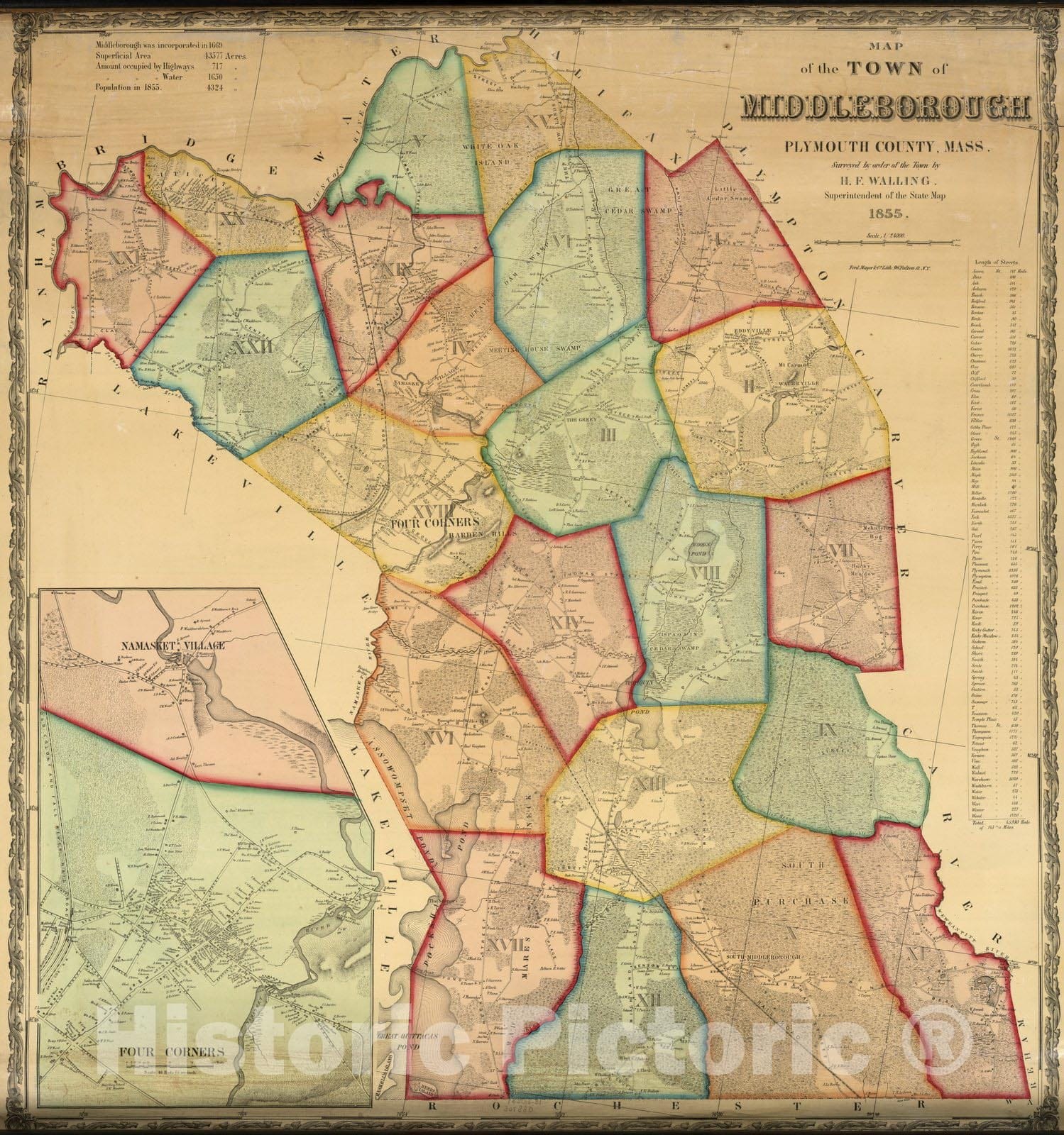 Historic Wall Map : Map of the Town of Middleborough, 1855 - Vintage Wall Art