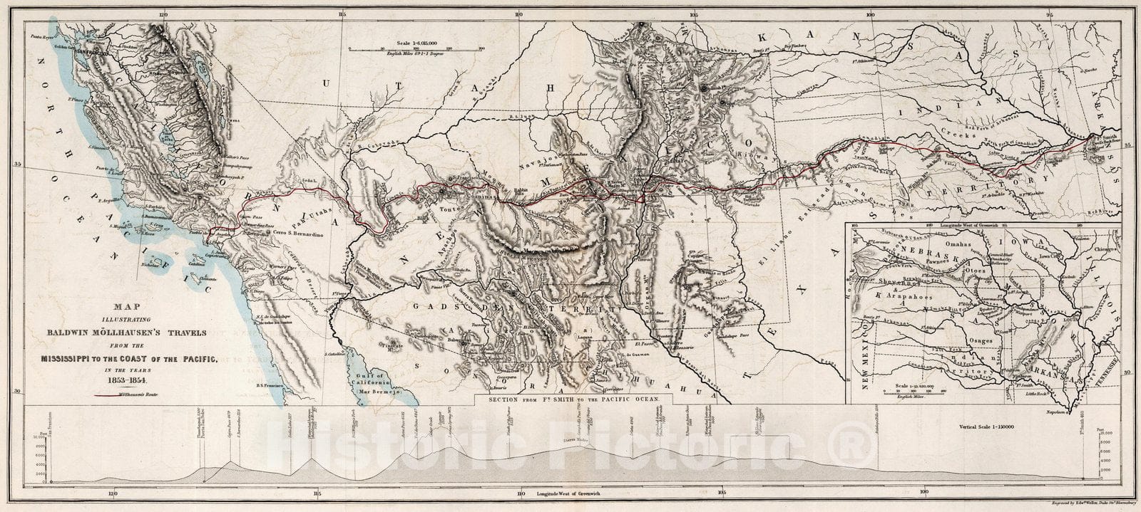 Historic Map : Map illustrating Baldwin Mollhausen's travel from Mississippi to the Coast of the Pacific. V. 1, 1858 - Vintage Wall Art
