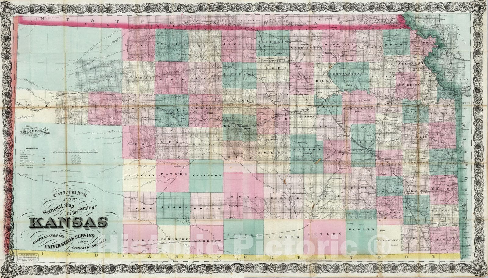 Historic Map : Composite: Sectional Map of the State of Kansas, 1870 - Vintage Wall Art