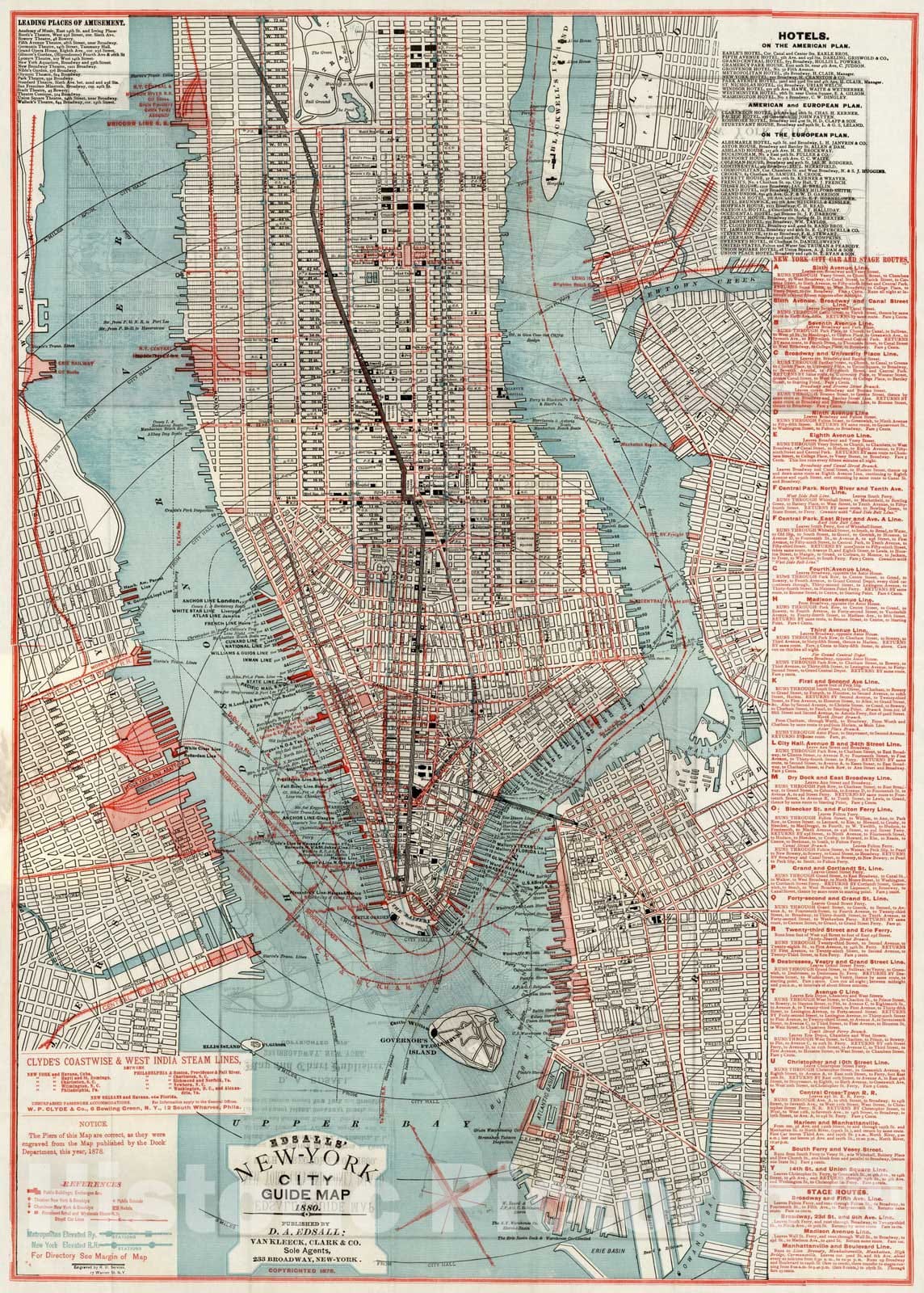 Historic Map : New-York City Guide Map, 1880 - Vintage Wall
