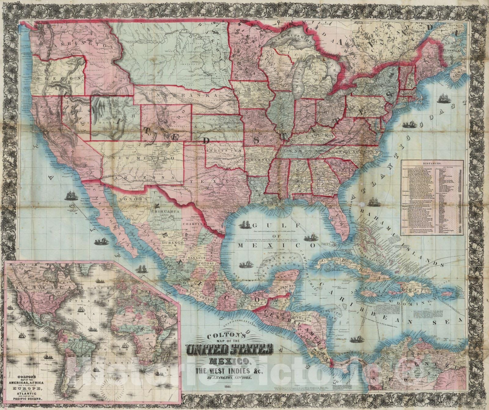 Historic Map : Pocket Map, United States, Mexico, The West Indies 1861 - Vintage Wall Art