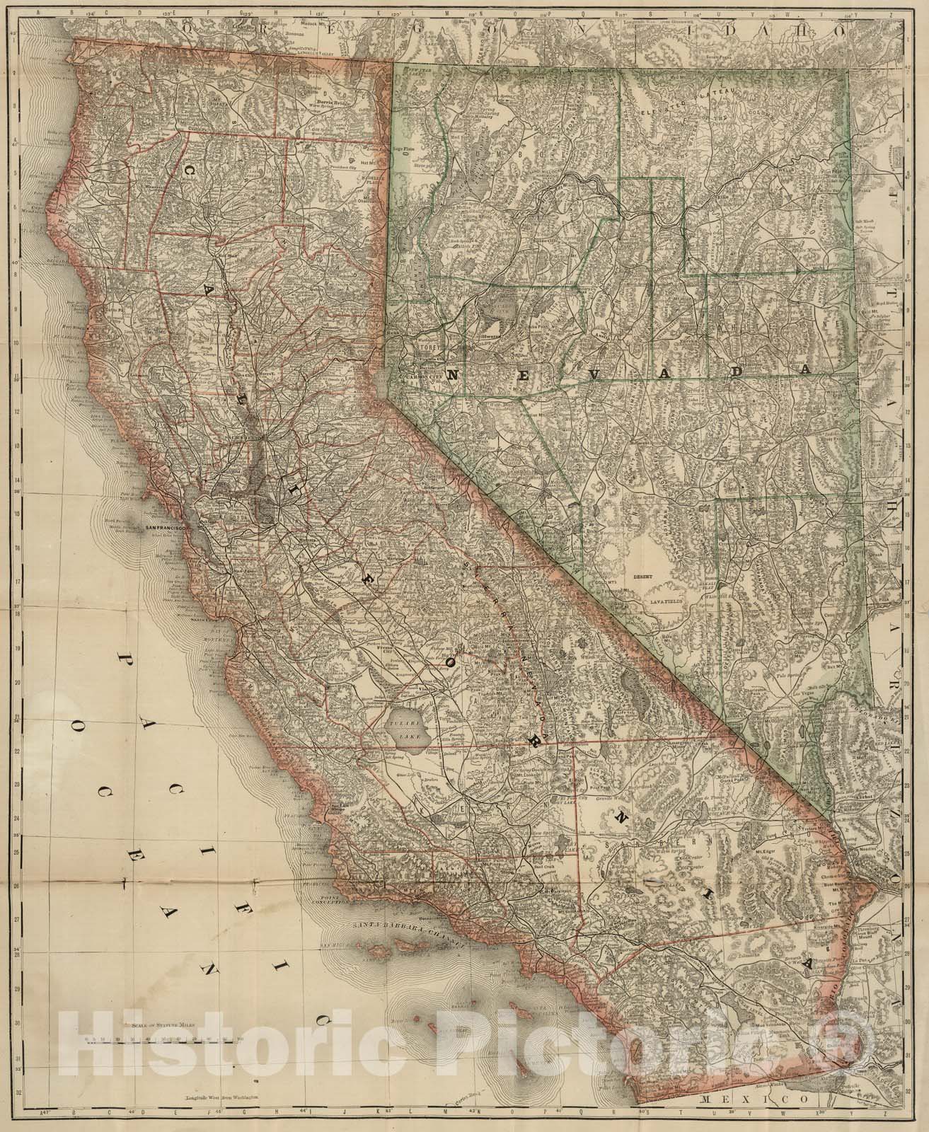 Historic Wall Map : Pocket Map, California and Nevada 1878 - Vintage Wall Art