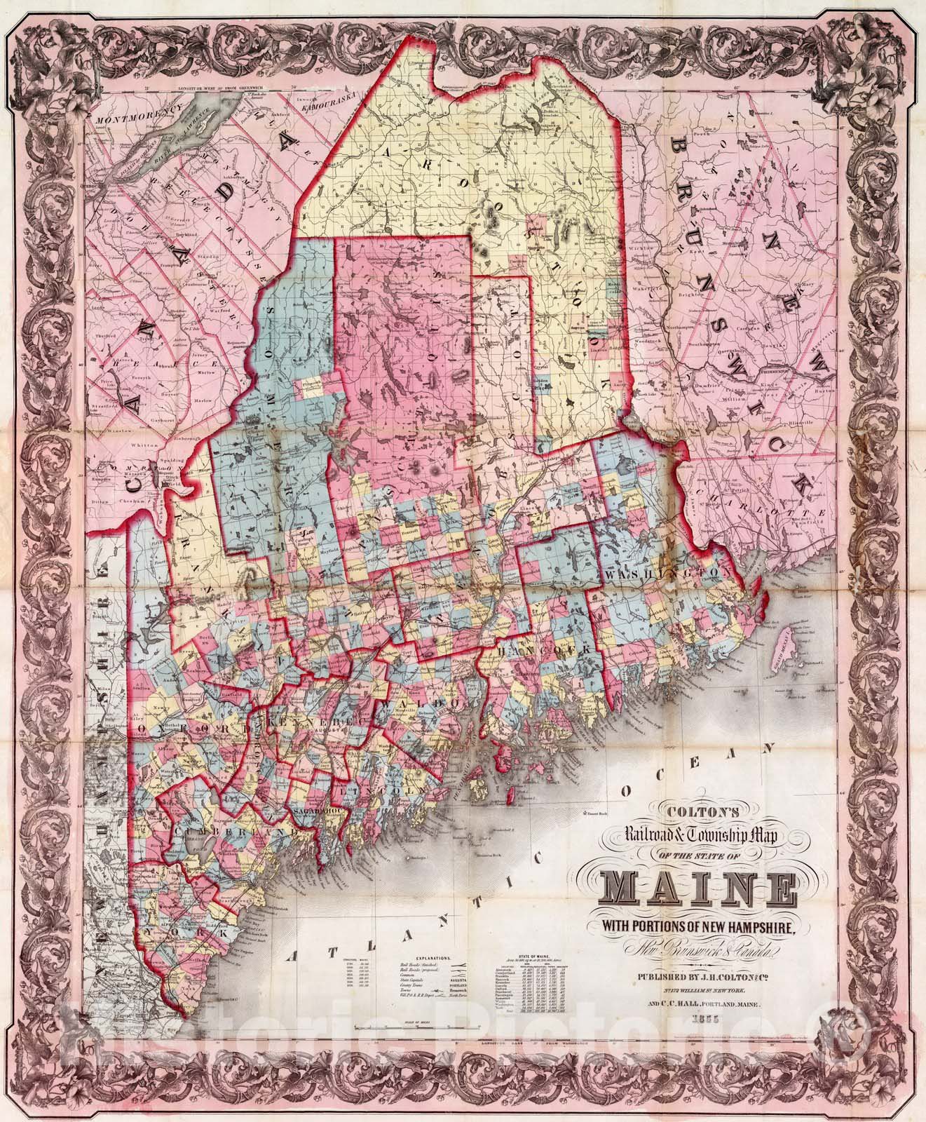 Historic Map : Pocket Map, State of Maine 1855 - Vintage Wall Art