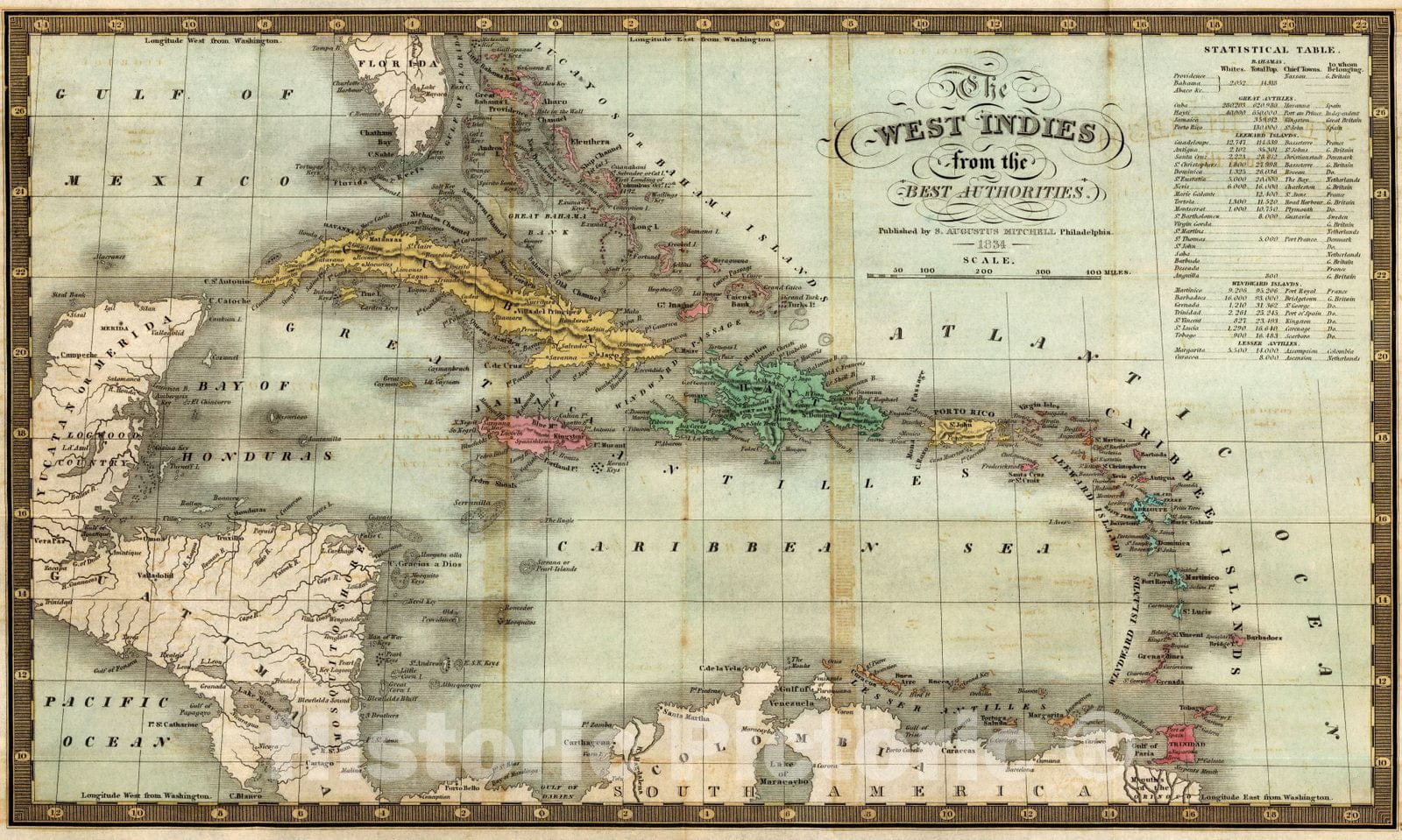 Historic Map : Pocket Map, West Indies 1834 - Vintage Wall Art