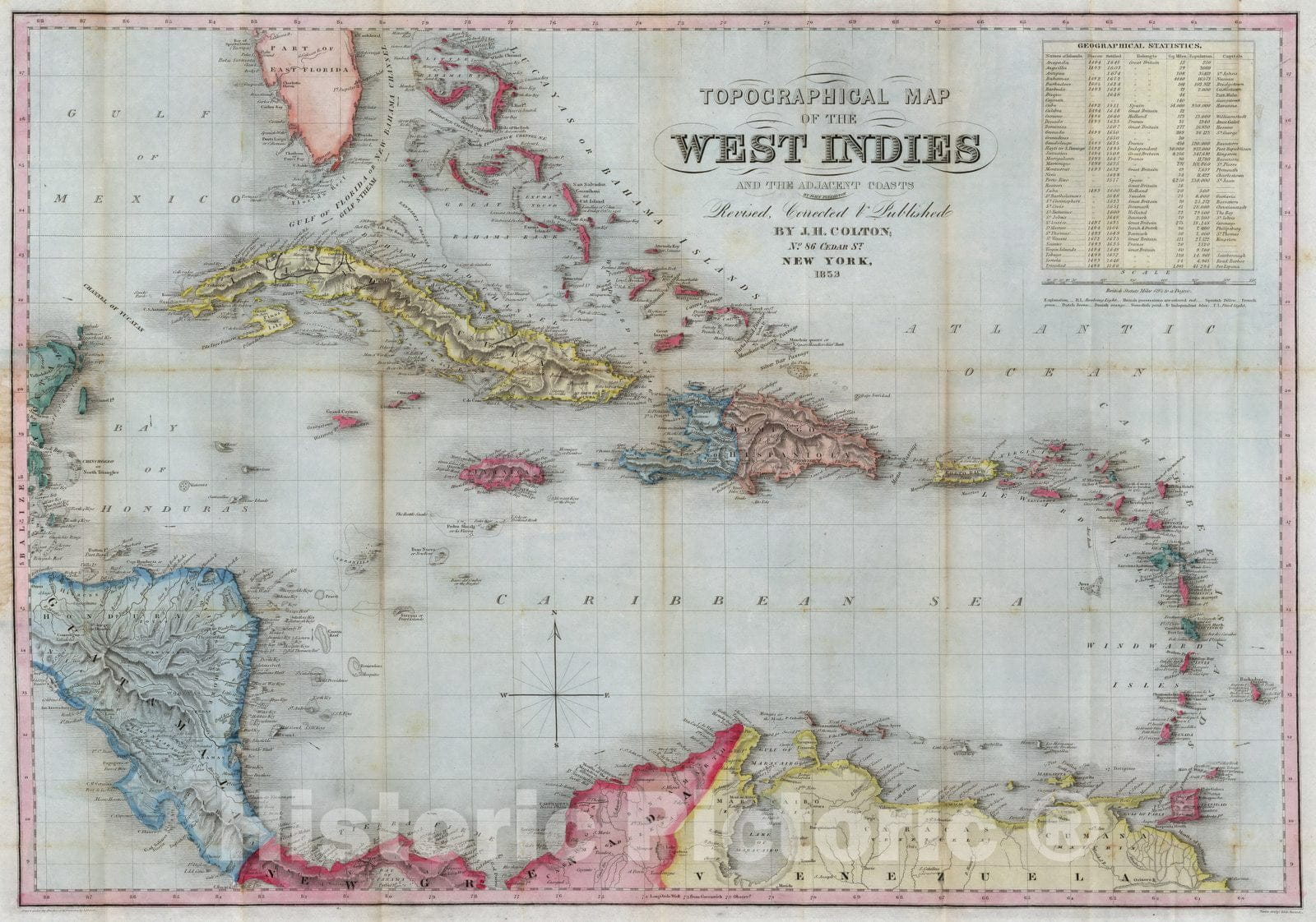 Historic Map : Topographical Map of The West Indies, 1853 - Vintage Wall Art
