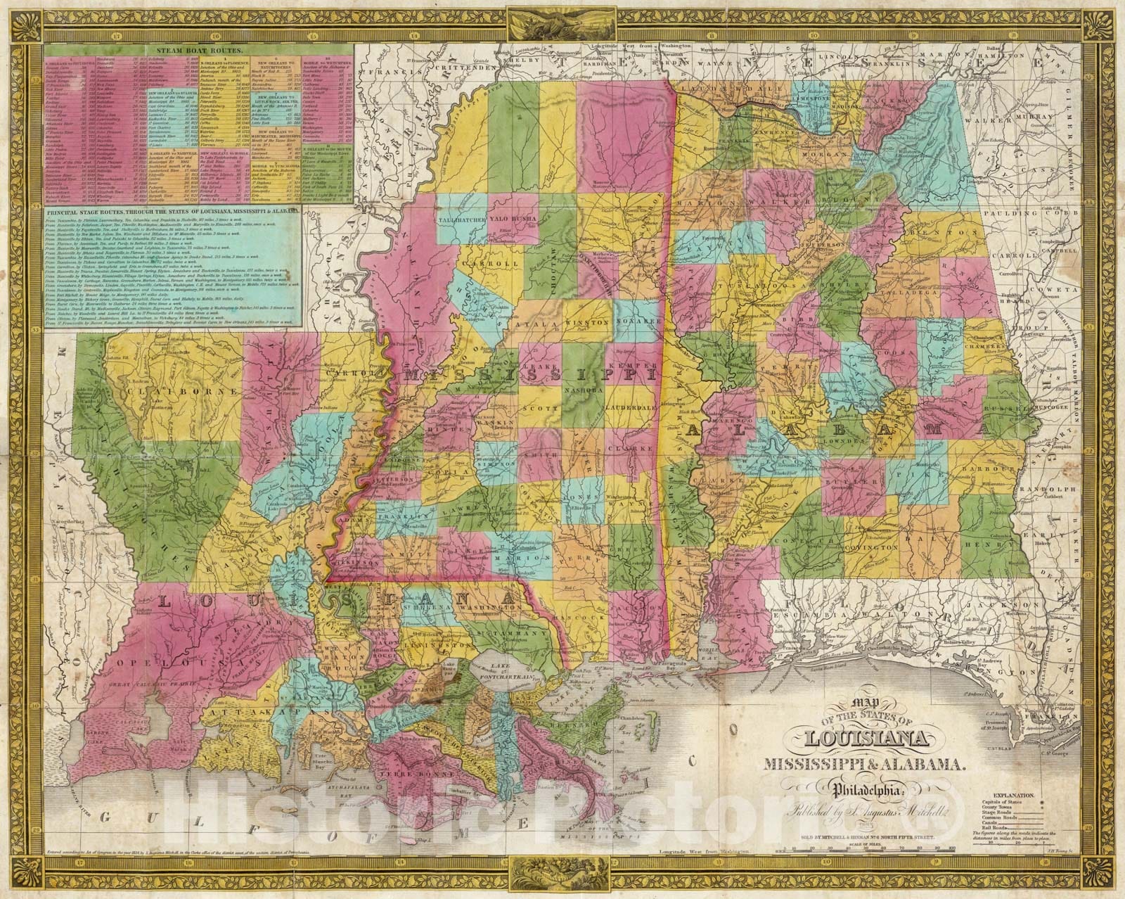 Historic Map : Pocket Map, Louisiana Mississippi & Alabama 1835 - Vintage Wall Art