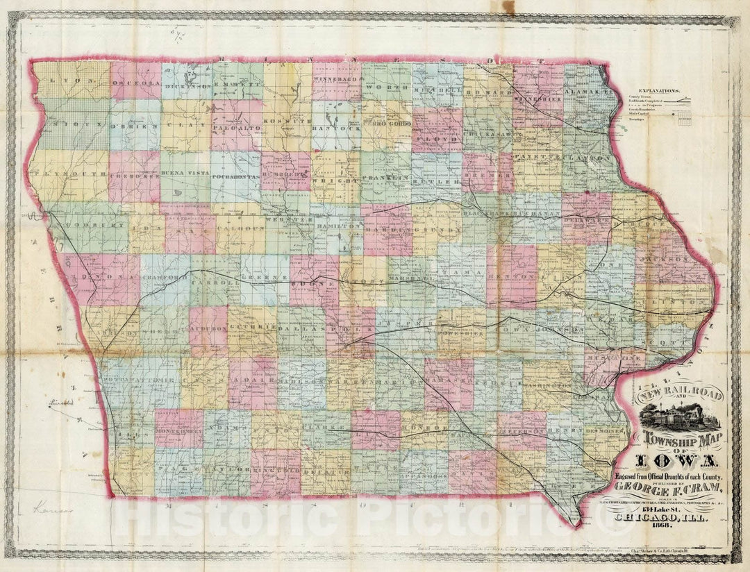 Historic Map : New Rail Road And Township Map of Iowa, 1868 - Vintage Wall Art