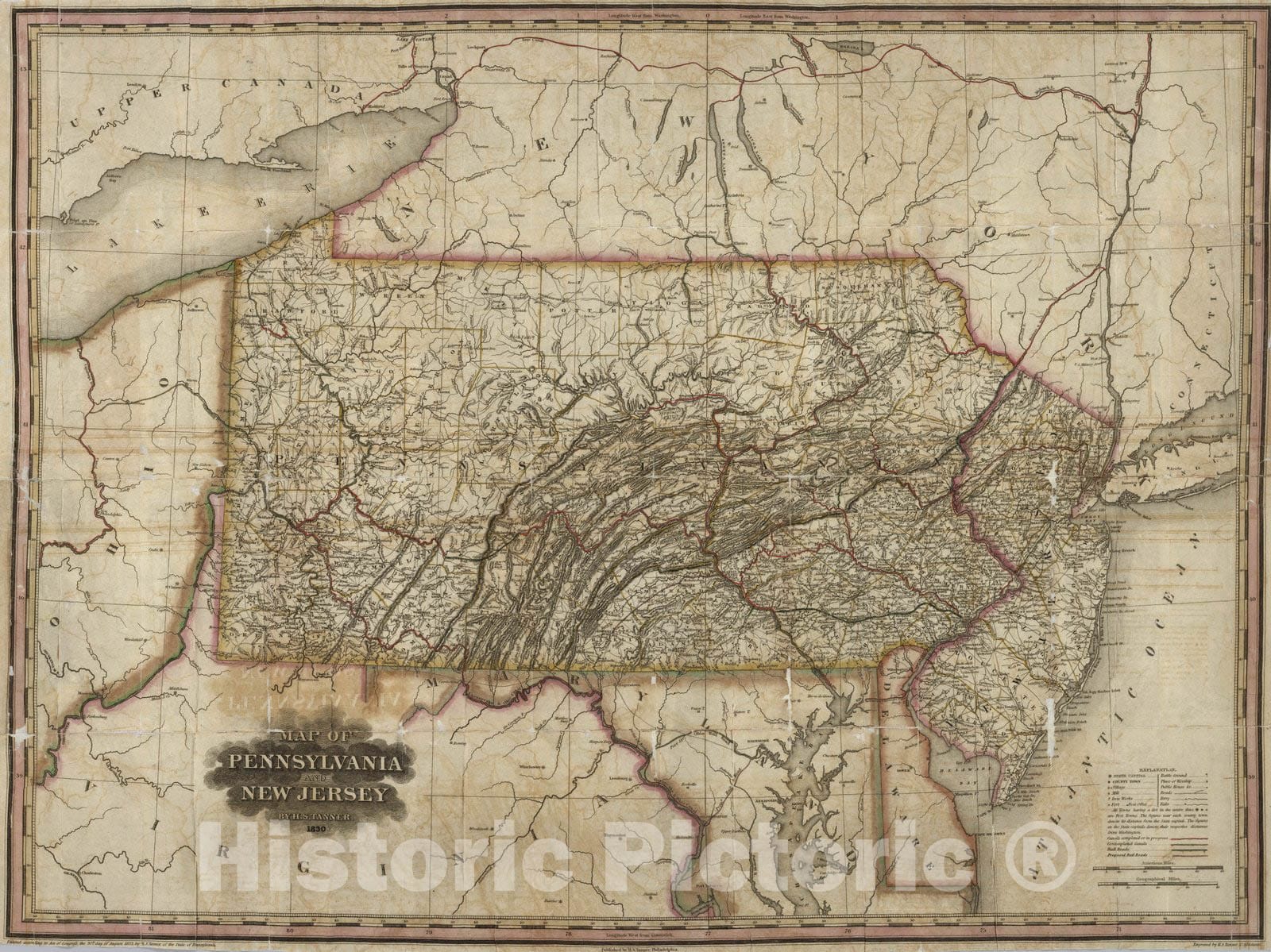 Historic Map : Pocket Map, Pennsylvania And New Jersey 1830 - Vintage Wall Art
