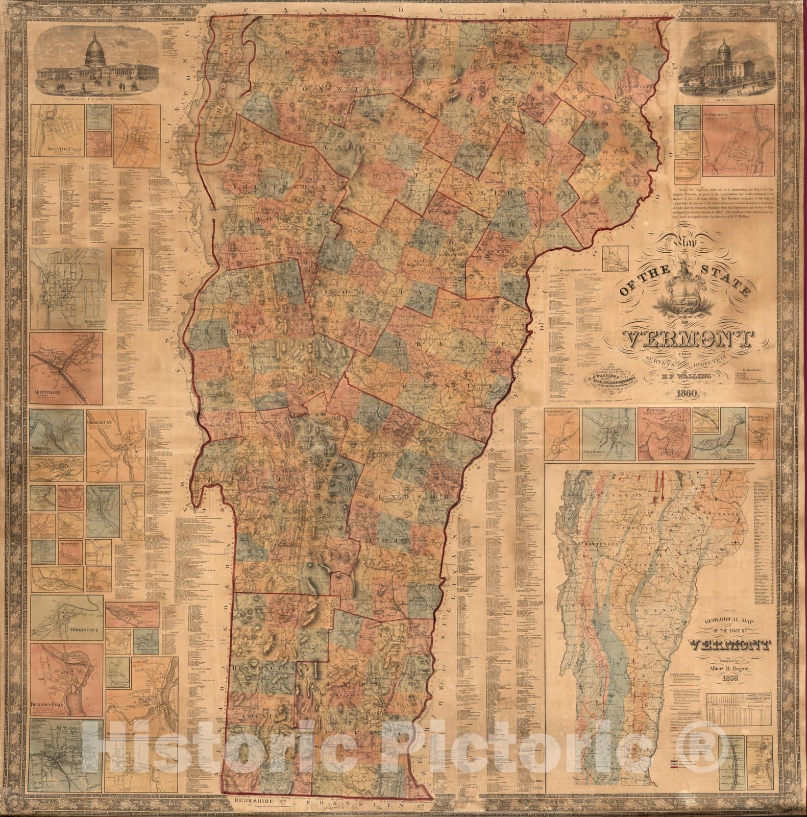 Historic Map : Wall Map, State of Vermont 1860 - Vintage Wall Art