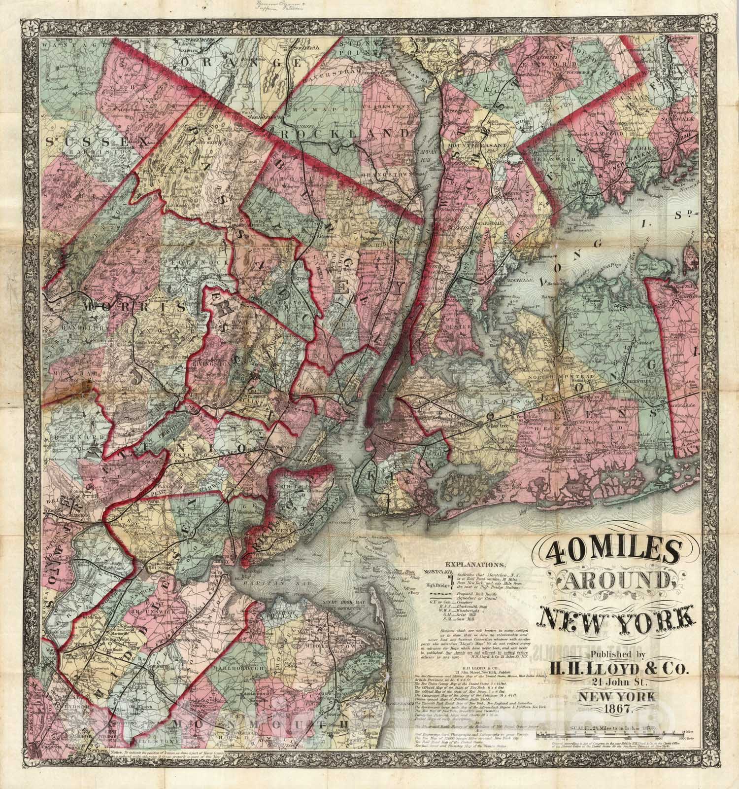 Historic Map : Pocket Map, 40 Miles Around New York 1867 - Vintage Wall Art