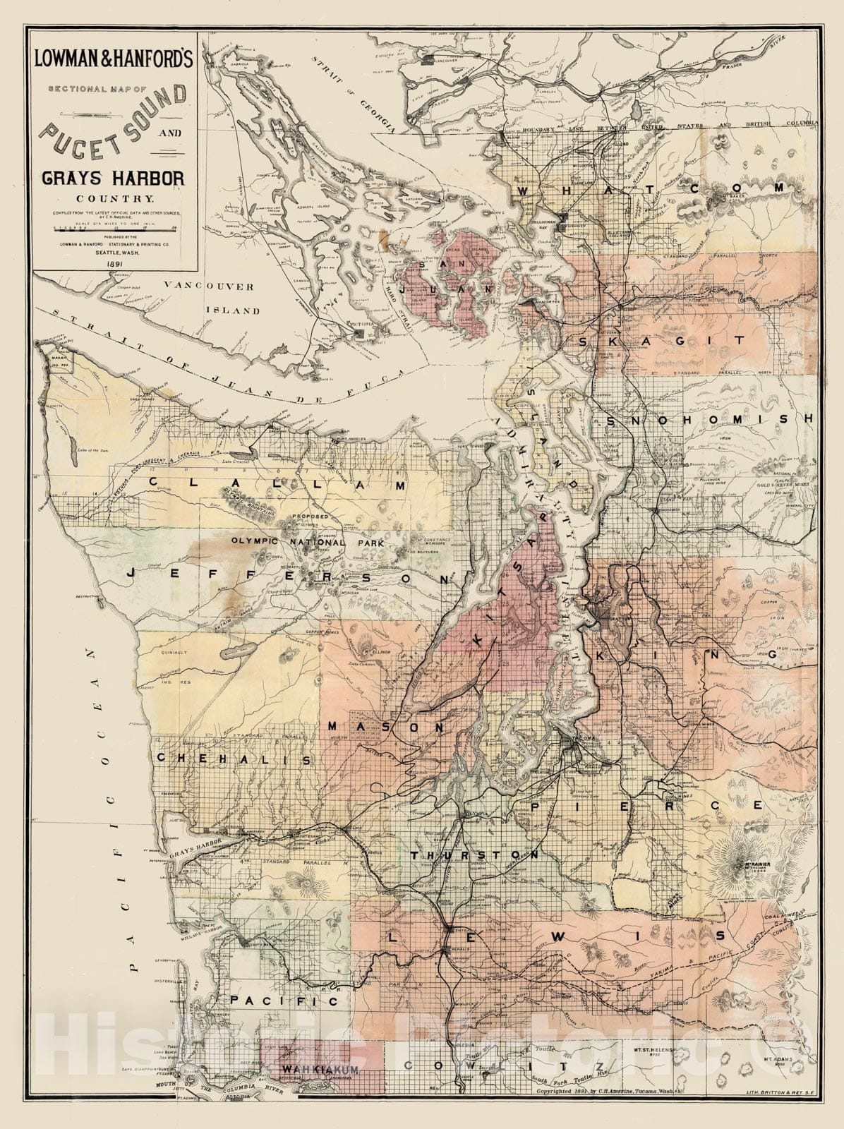 Historic Map : Map of Puget Sound And Grays Harbor Country, 1891 - Vintage Wall Art