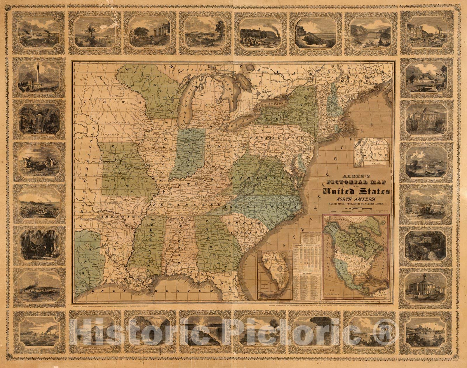 Historic Map : Alden's Pictorial Map of The United States of North America, 1845 - Vintage Wall Art