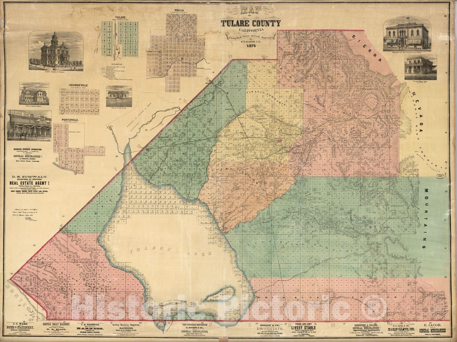 Historic Map : Map of Tulare County California, 1876 - Vintage Wall Art