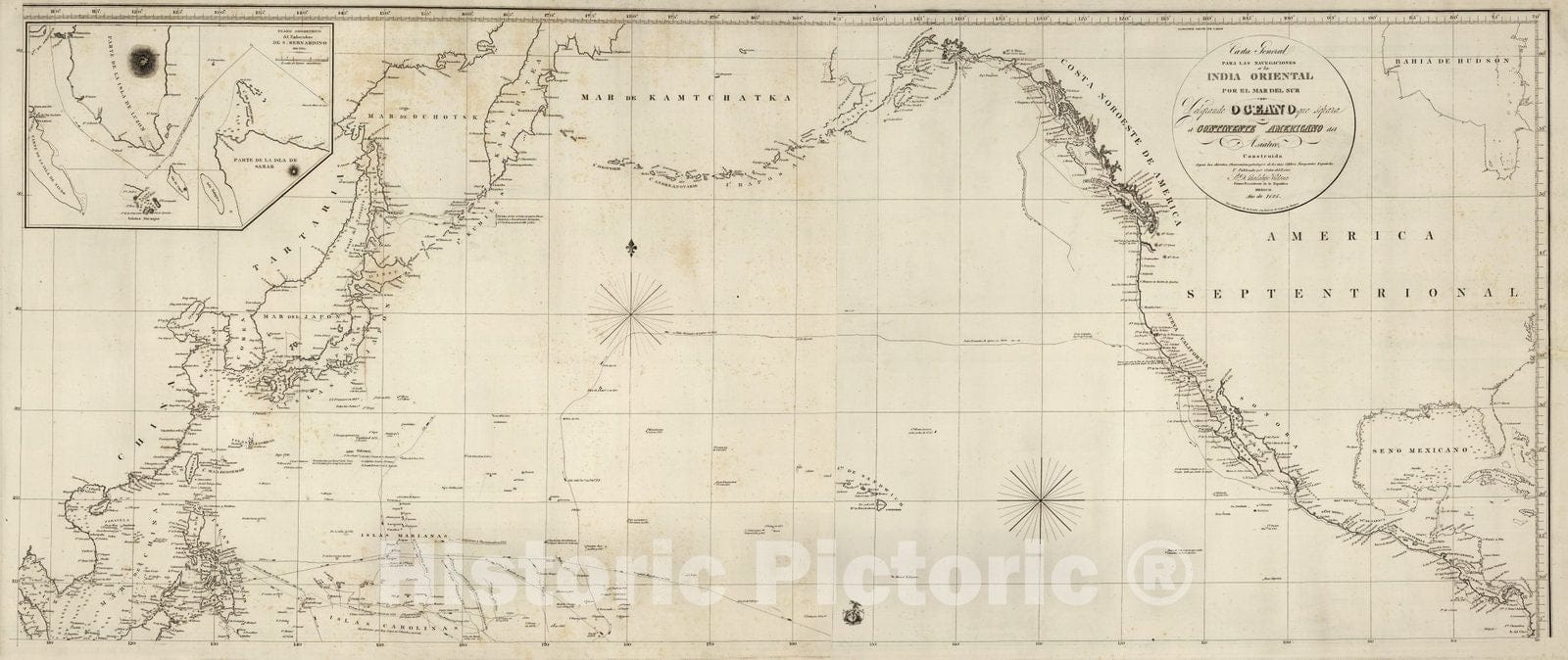 Historic Map : Carta General Para Las Navegaciones Separa el Continente Americano del Asiatico, 1825, Vintage Wall Decor