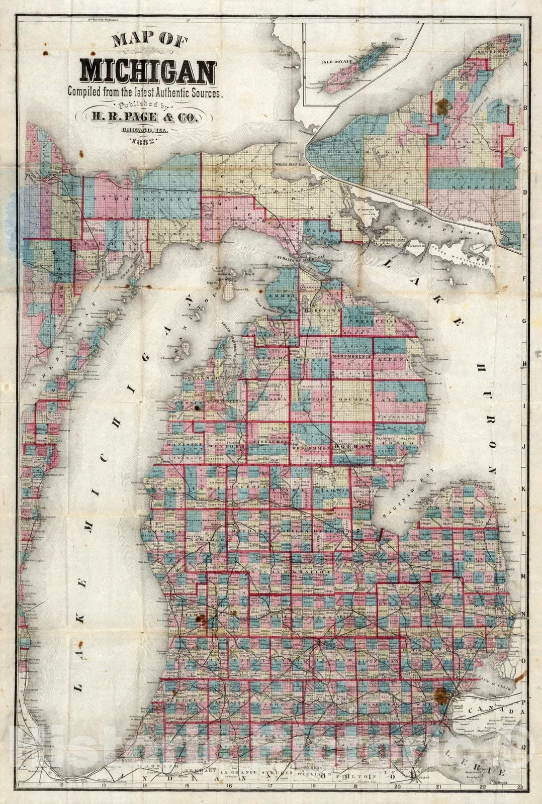 Historic Map : Map of Michigan Compiled from the latest Authentic Sources, 1882 - Vintage Wall Art