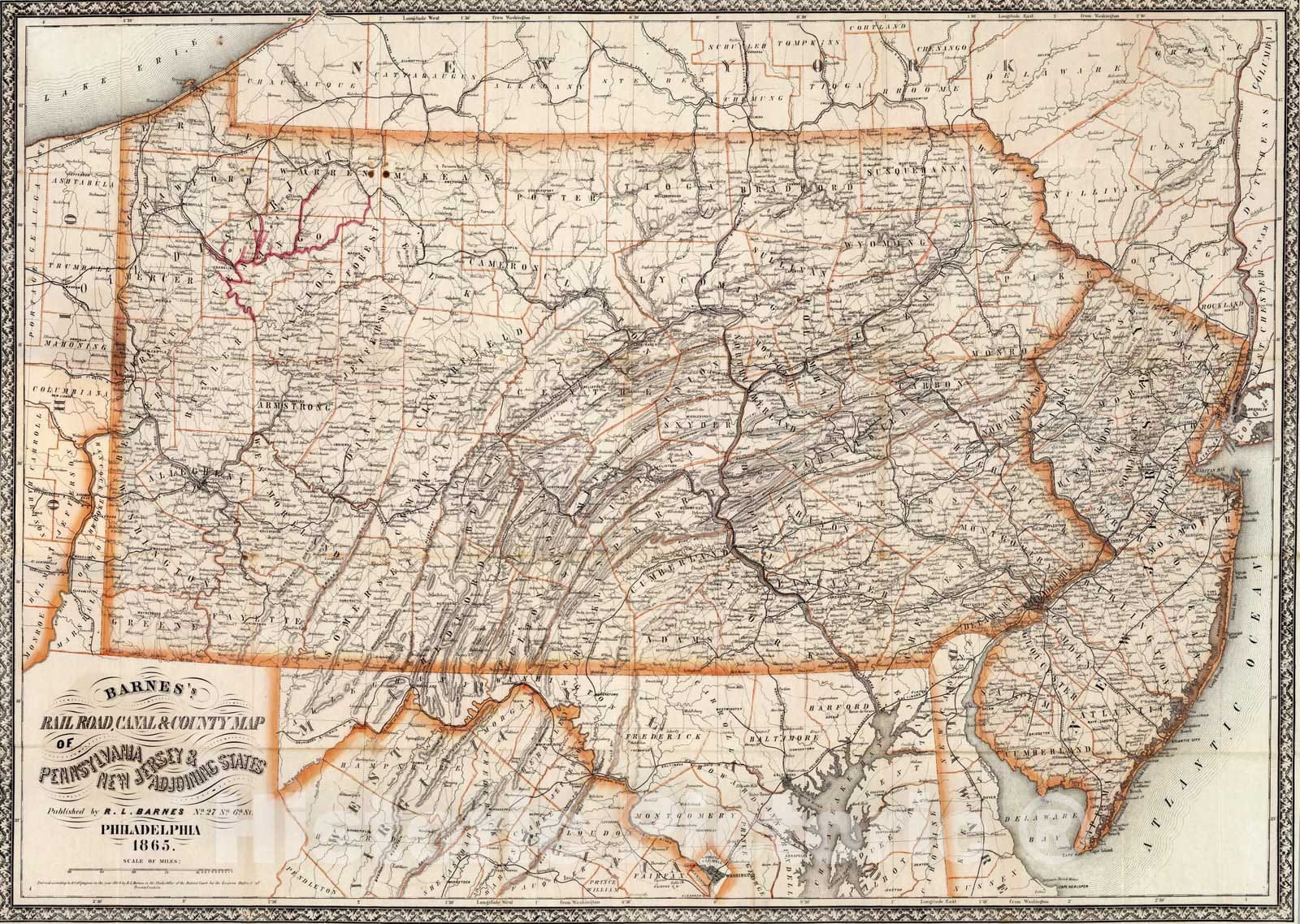Historic Map : Barnes's Map of Pennsylvania, 1865 - Vintage Wall Art