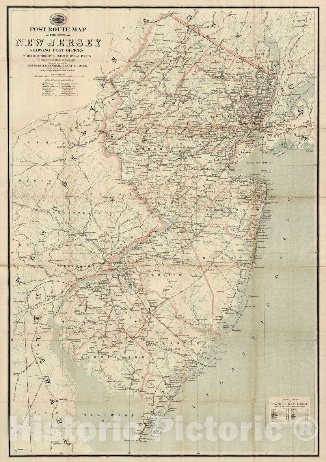 Historic Map : Post Route Map of The State of New Jersey, 1904 - Vintage Wall Art