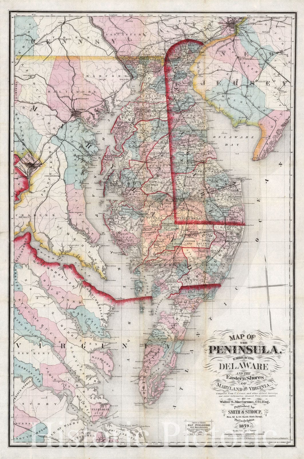 Historic Map : Composite: New Map of The Peninsula Embracing Delaware And The Eastern Shores of Maryland And Virginia, 1879 - Vintage Wall Art