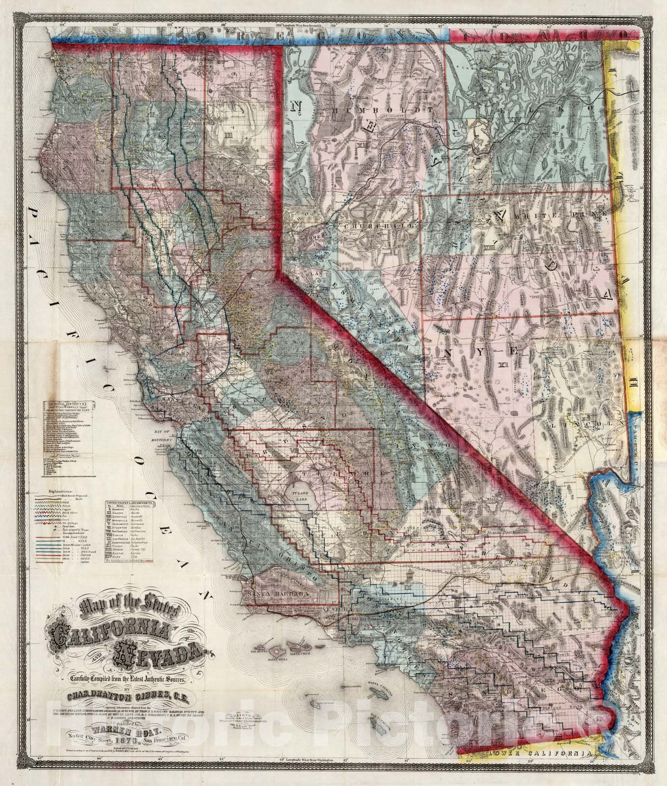Historic Map : Pocket Map, California And Nevada 1873 v2 Vintage Wall Art