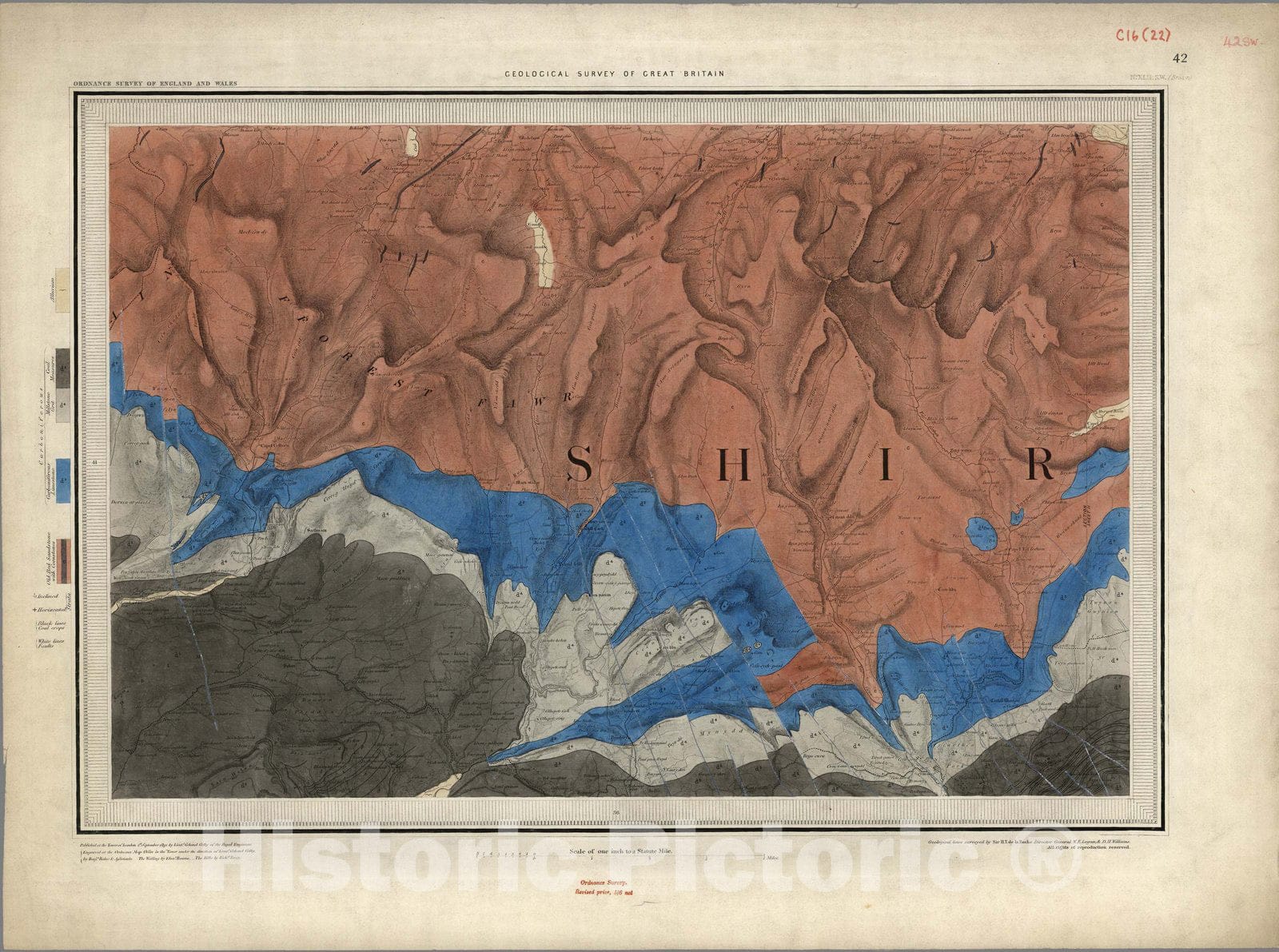 Historic Map : Great Britain, Geologic Atlas Map, 42. Fforest Fawr (Geopark), Brecon, SW Quad. 1850 , Vintage Wall Art