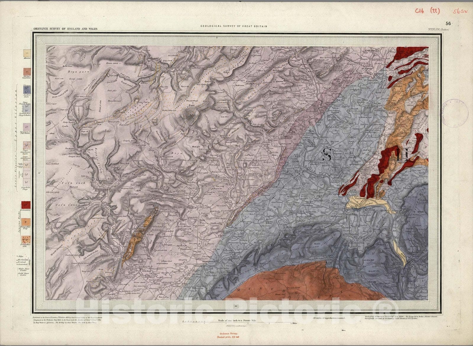 Historic Map : Geologic Atlas Map, 56. Bilth, Radnor, SW Quad. 1850 - Vintage Wall Art