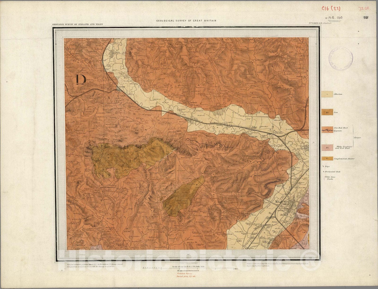 Historic Map : Geologic Atlas Map, 72. Burton on Trent, Stafford, SE Quad. 1852 - Vintage Wall Art