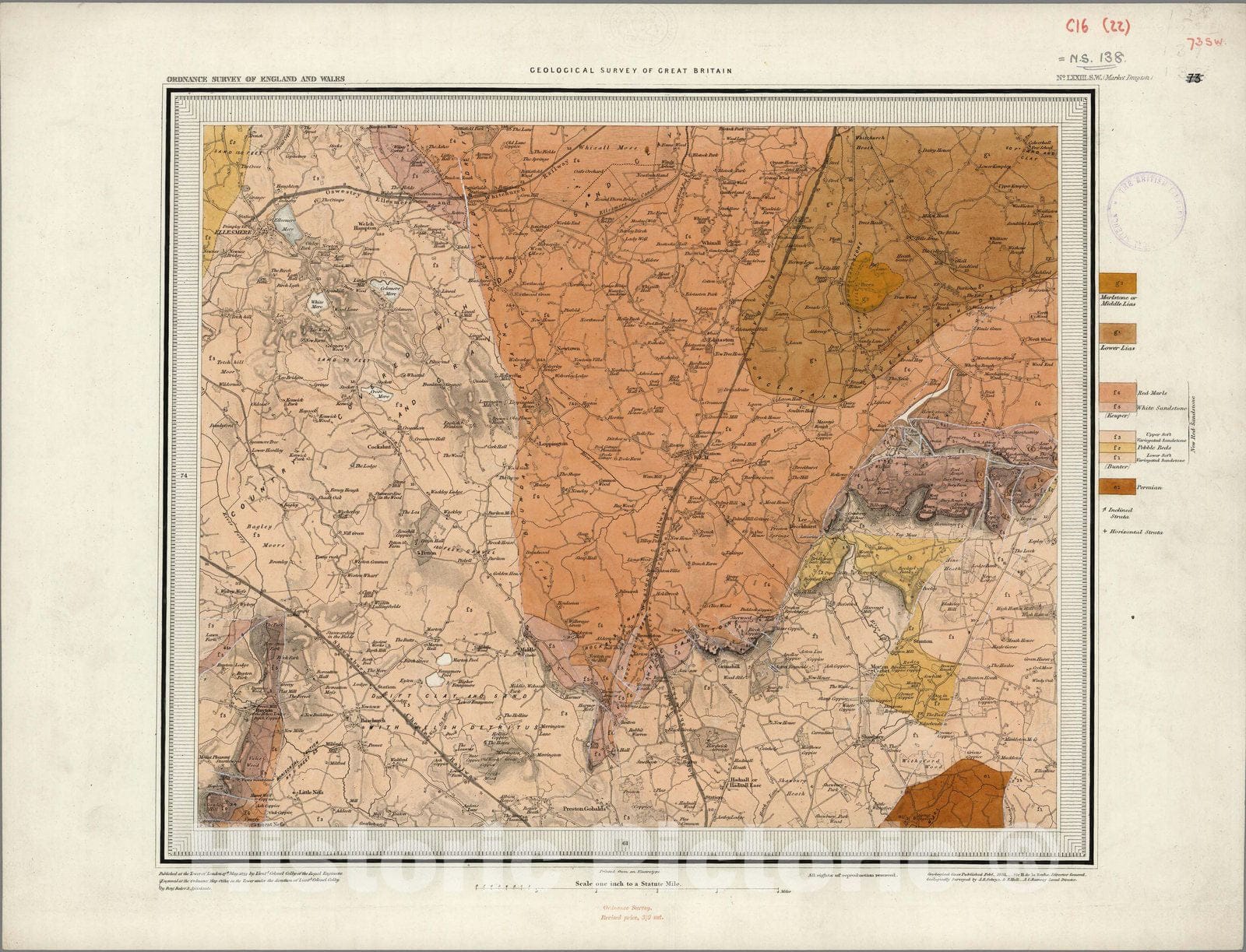 Historic Map : Geologic Atlas Map, 73. Wem, Market Drayton, SW Quad. 1855 - Vintage Wall Art