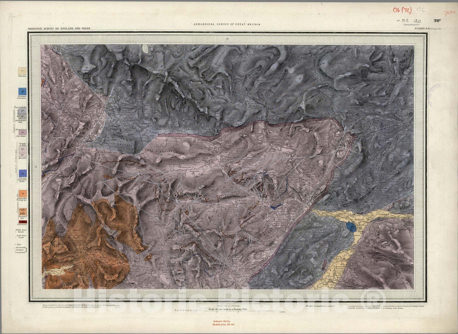 Historic Map : Geologic Atlas Map, 74. Corwen, Llangollen, NW Quad. 1855 - Vintage Wall Art