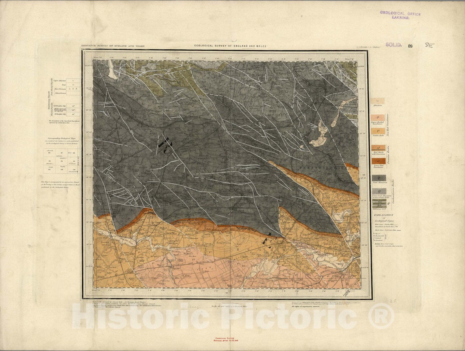 Historic Wall Map : England, Geologic Atlas Map, 89. Bolton, SE Quad. 1874 , Vintage Wall Art