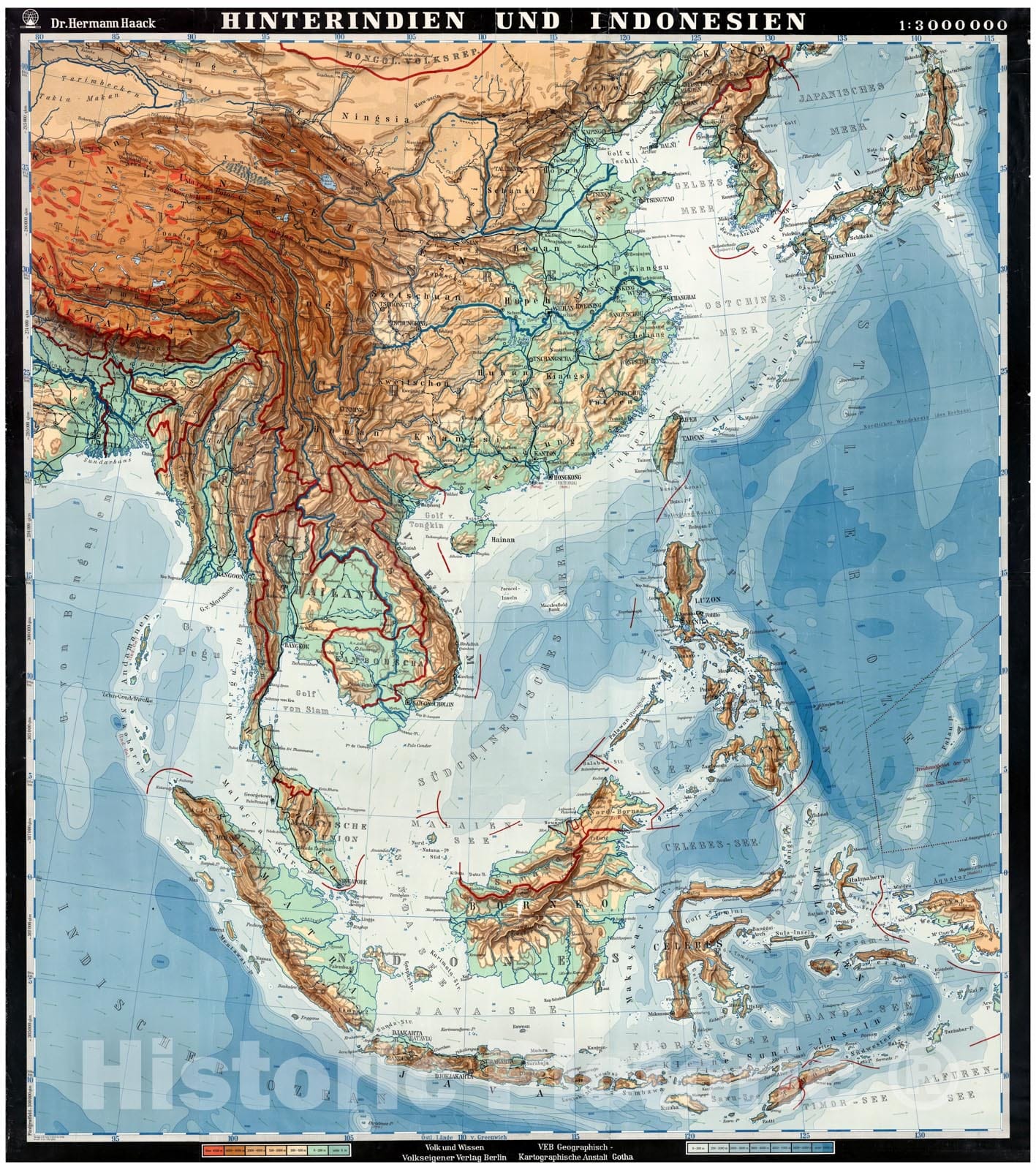Historic Map - Wall Map, East & Southeast Asia - Physical 1955 - Vintage Wall Art
