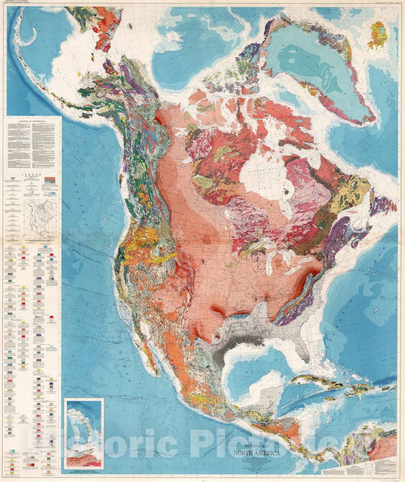 Historic Map : Wall Map, North America - Tectonics 1969 - Vintage Wall Art