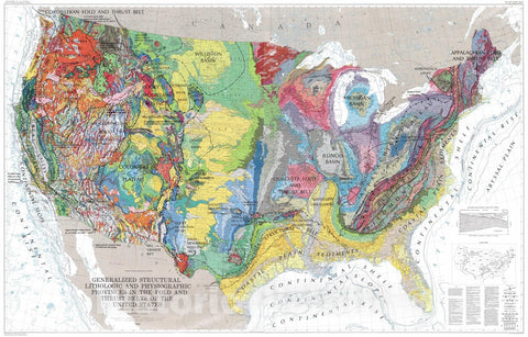 Historic Map - Wall Map, United States - Geology: Physiographic & Structural Provinces 1983 - Vintage Wall Art