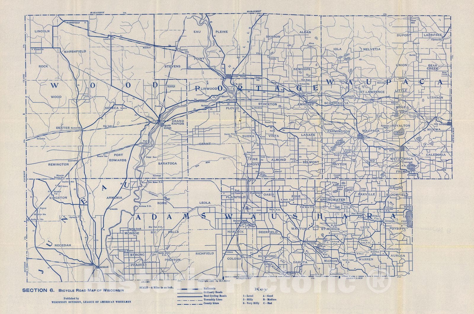 Historic Map : Section 6. Bicycle Road Map of Wisconsin, 1897 - Vintage Wall Art