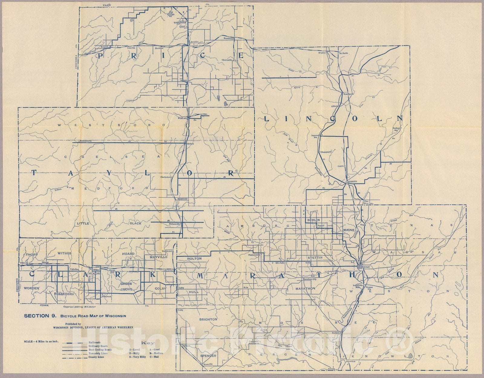 Historic Map : Section 9. Bicycle Road Map of Wisconsin, 1897 - Vintage Wall Art