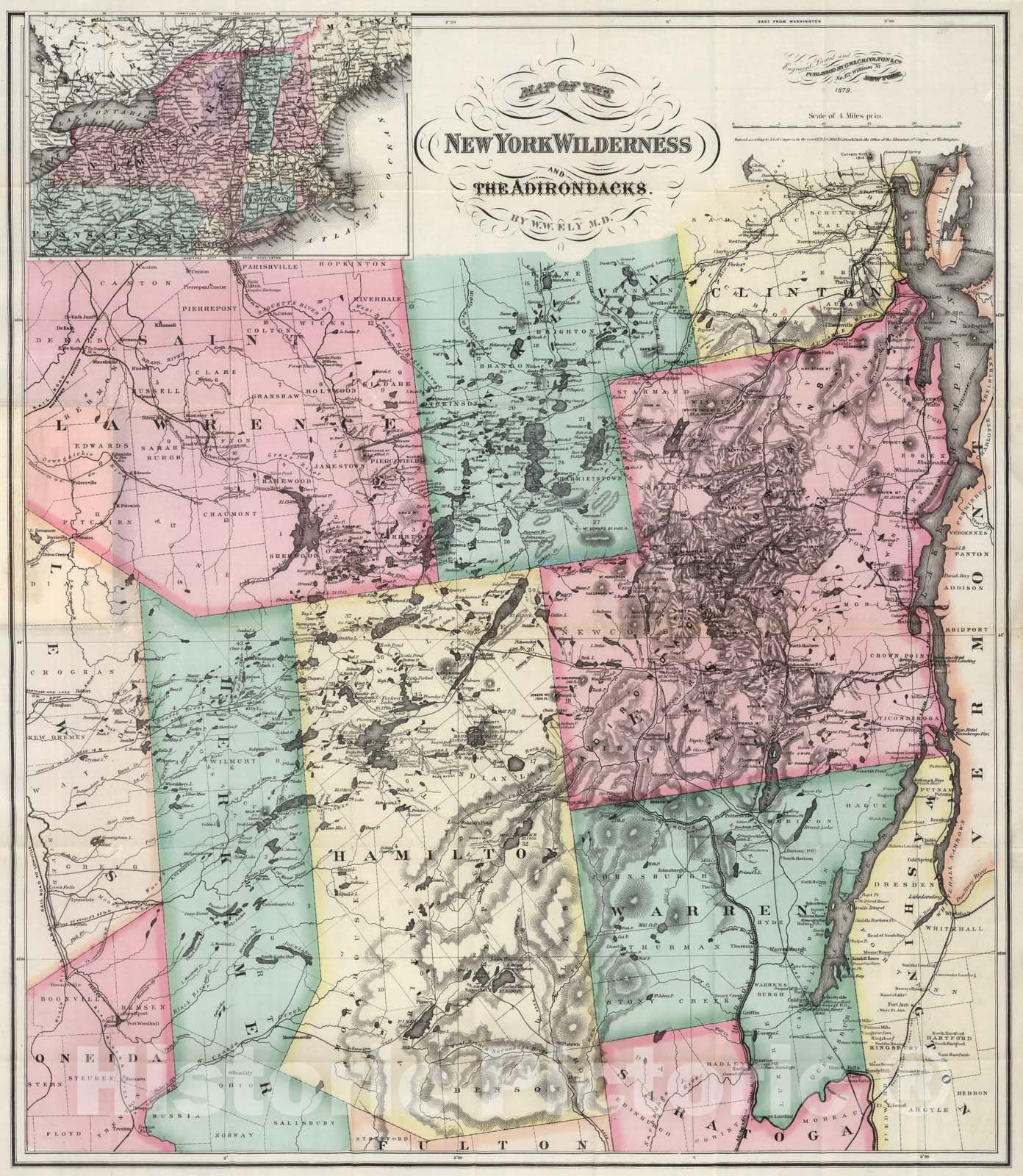 Historic Map : Pocket Map, New York Wilderness And The Adirondacks 1879 - Vintage Wall Art