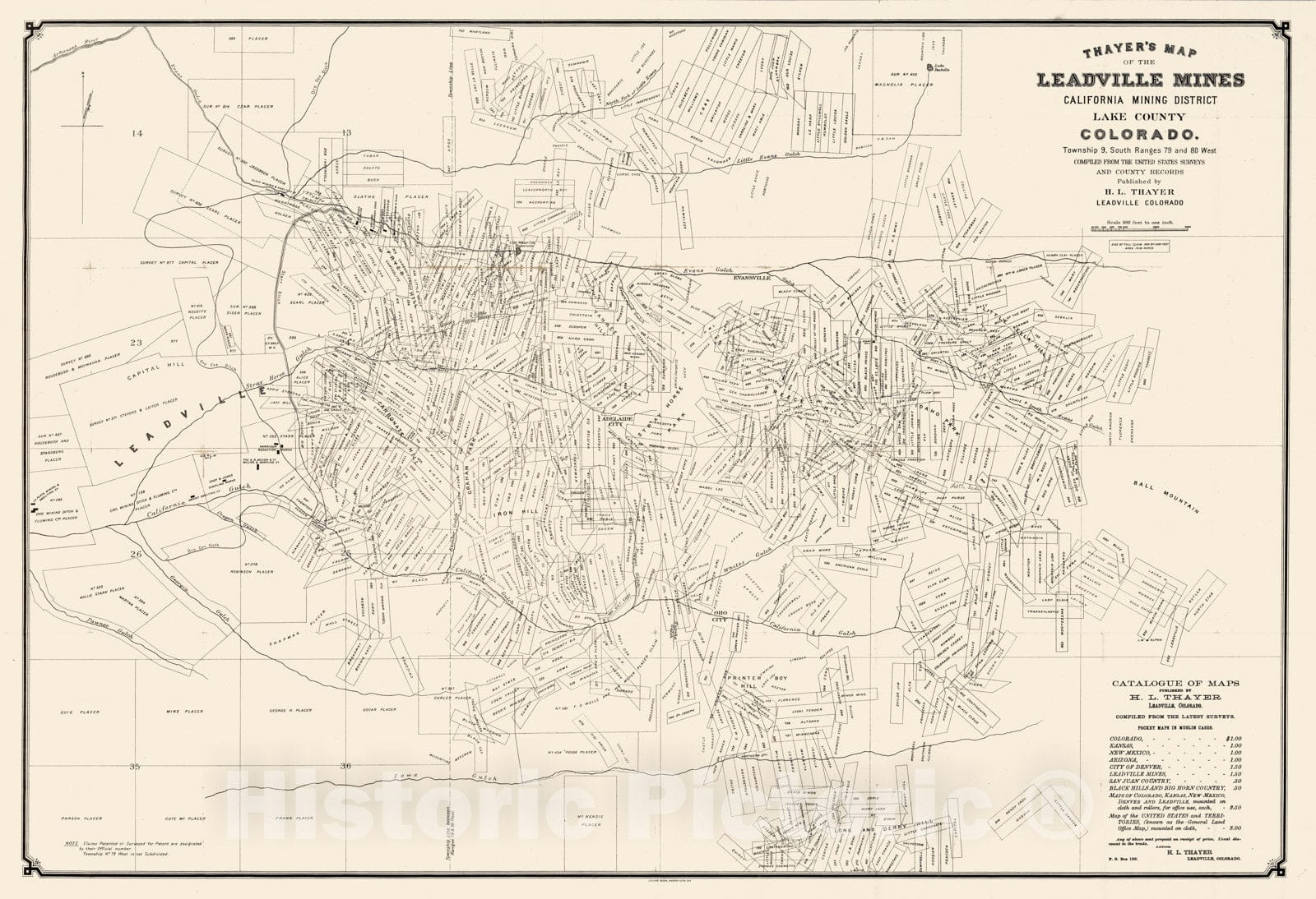 Historic Map - Pocket Map, Leadville Mines California Mining District Lake County Colorado 1880 - Vintage Wall Art