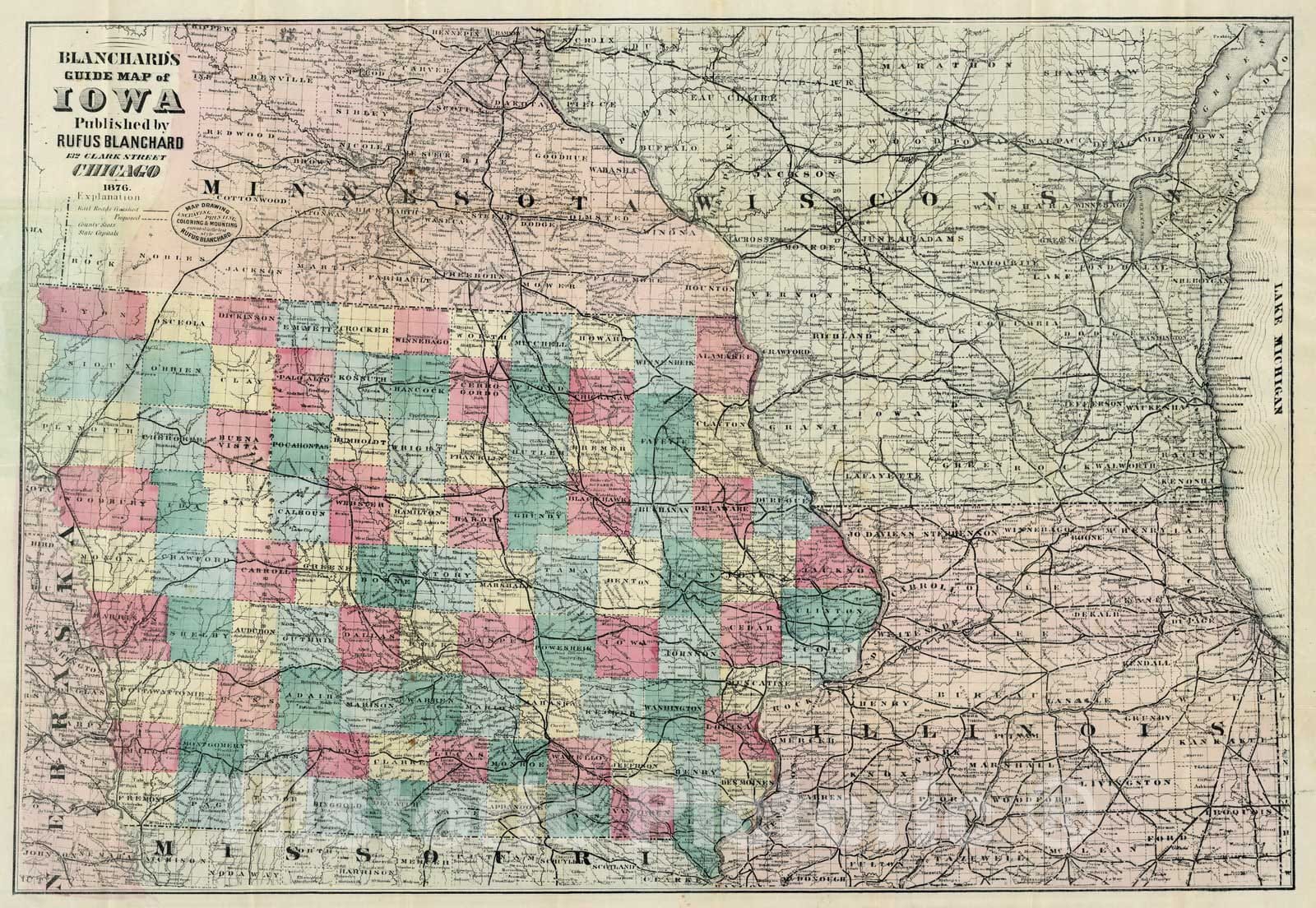 Historic Map : Blanchard's Guide Map of Iowa, 1876 - Vintage Wall Art