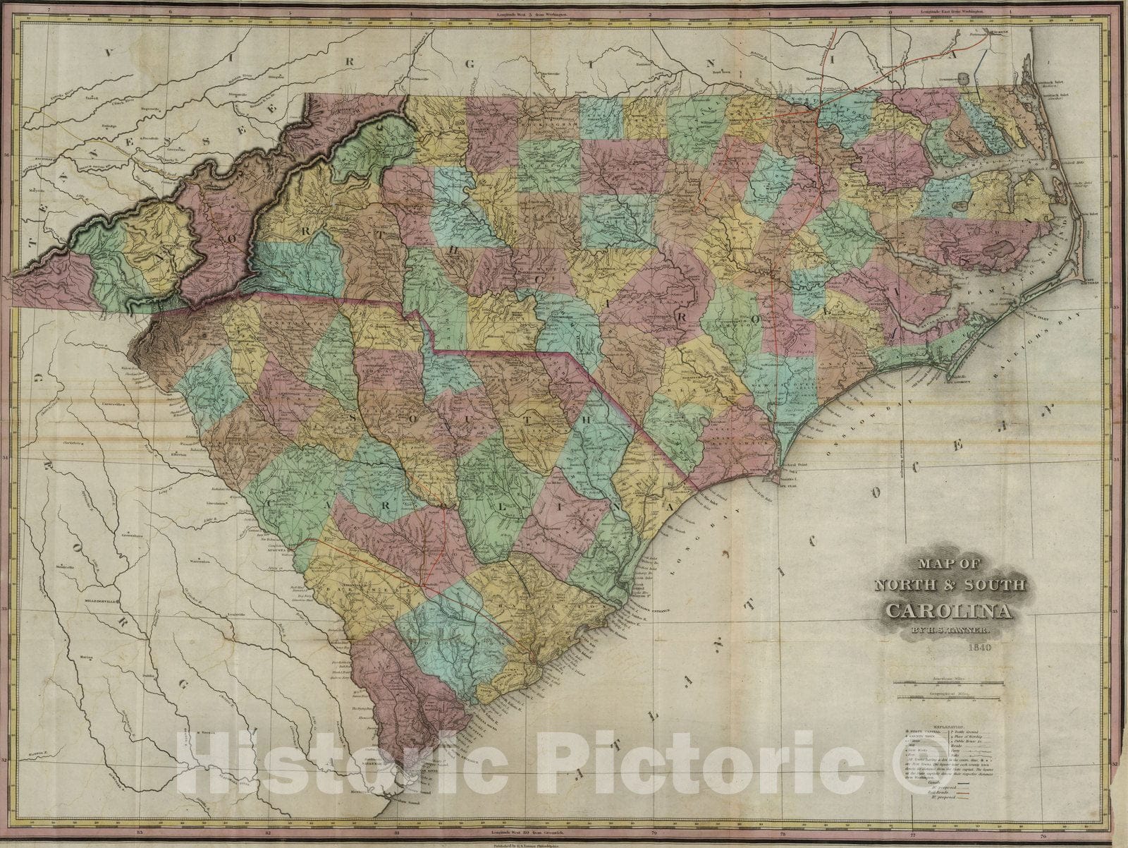 Historic Map : Pocket Map, North & South Carolina 1840 - Vintage Wall Art