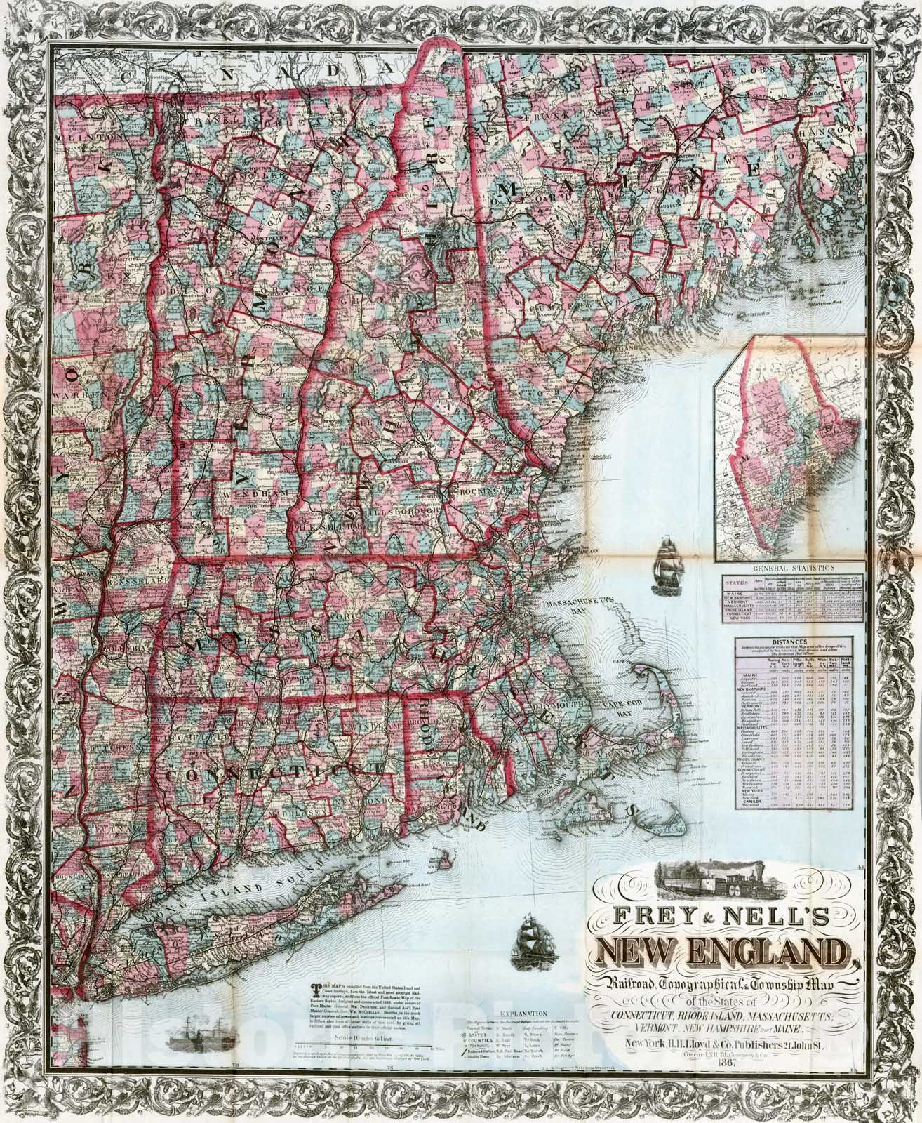 Historic Map : Pocket Map, Frey & Nell's New England. 1867 - Vintage Wall Art
