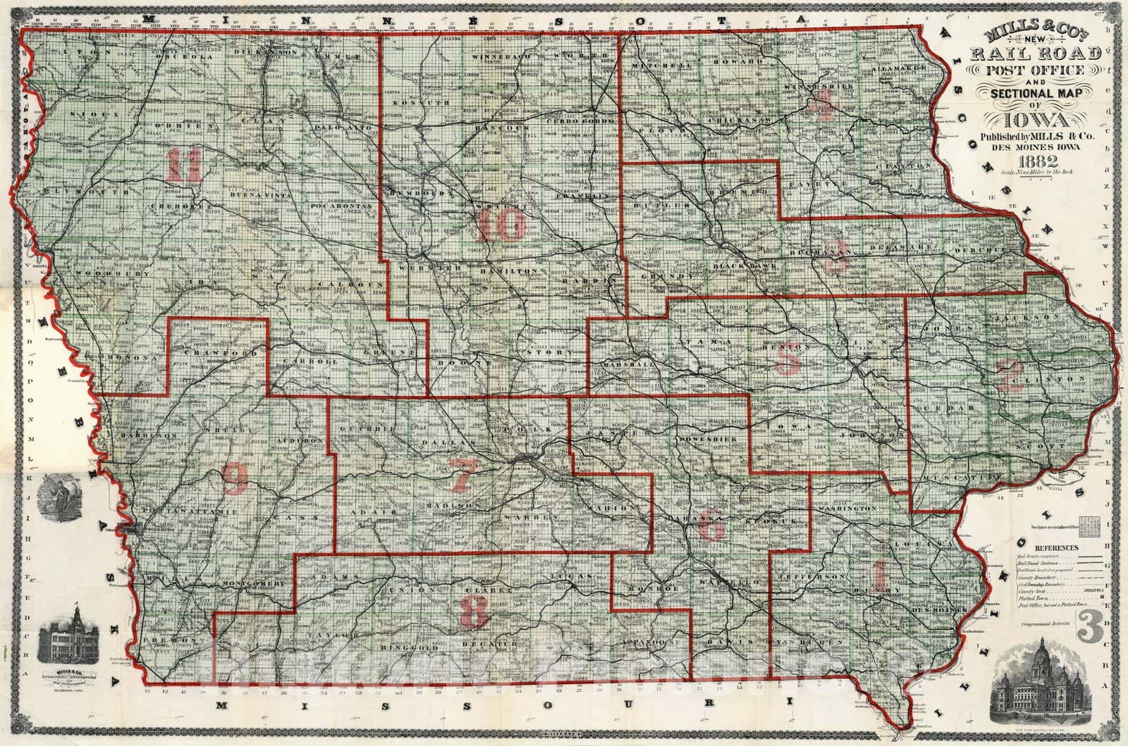 Historic Wall Map : Map of Iowa, 1882 - Vintage Wall Art