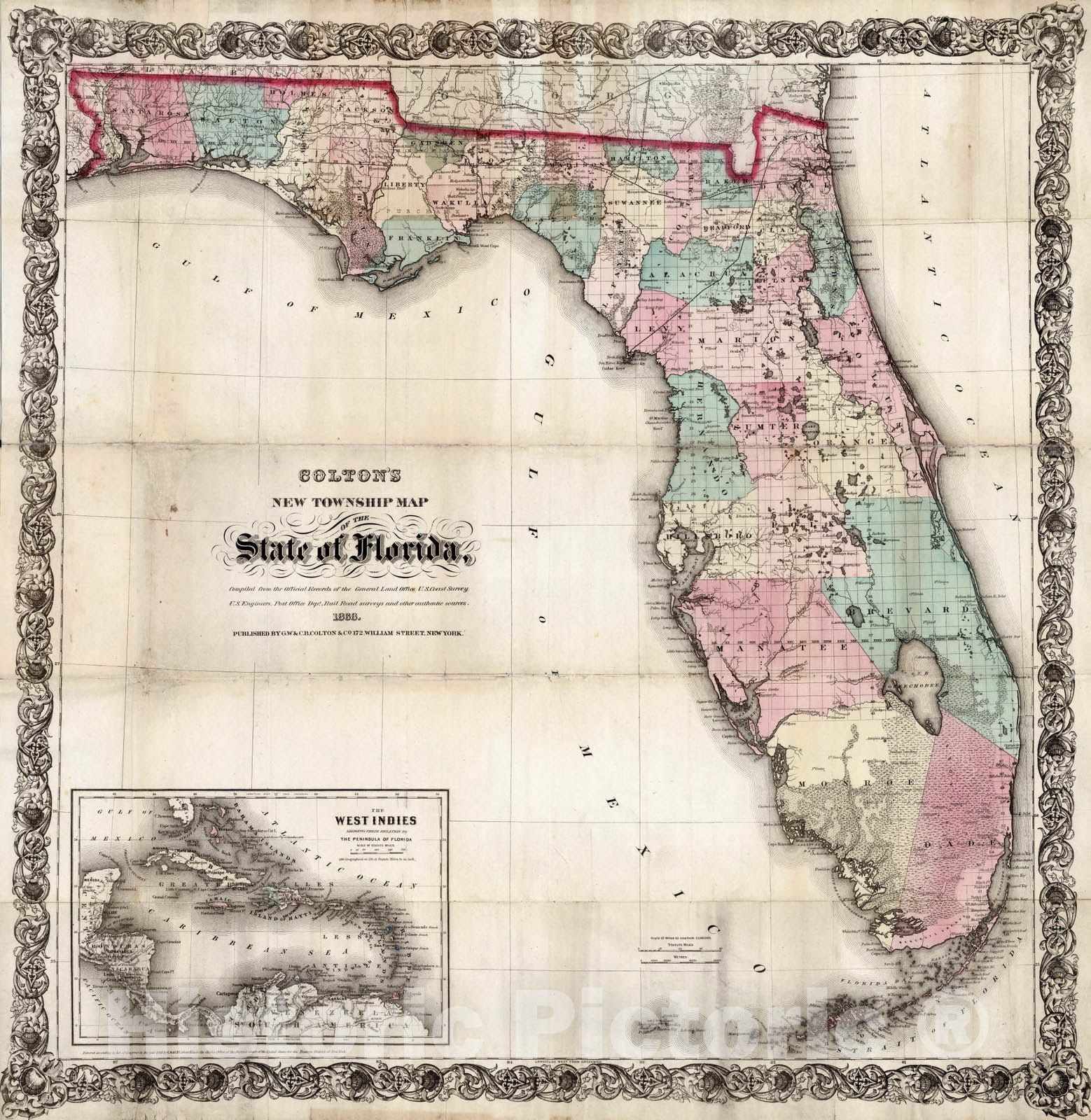 Historic Map : Colton's new township map of the state of Florida, 1868 - Vintage Wall Art
