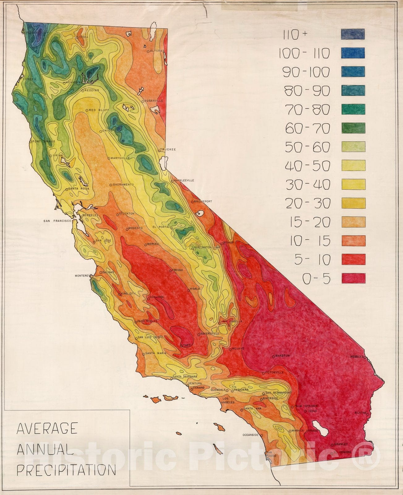 Historic Map : Wall Map, California - Precipitation. 1950 - Vintage Wall Art