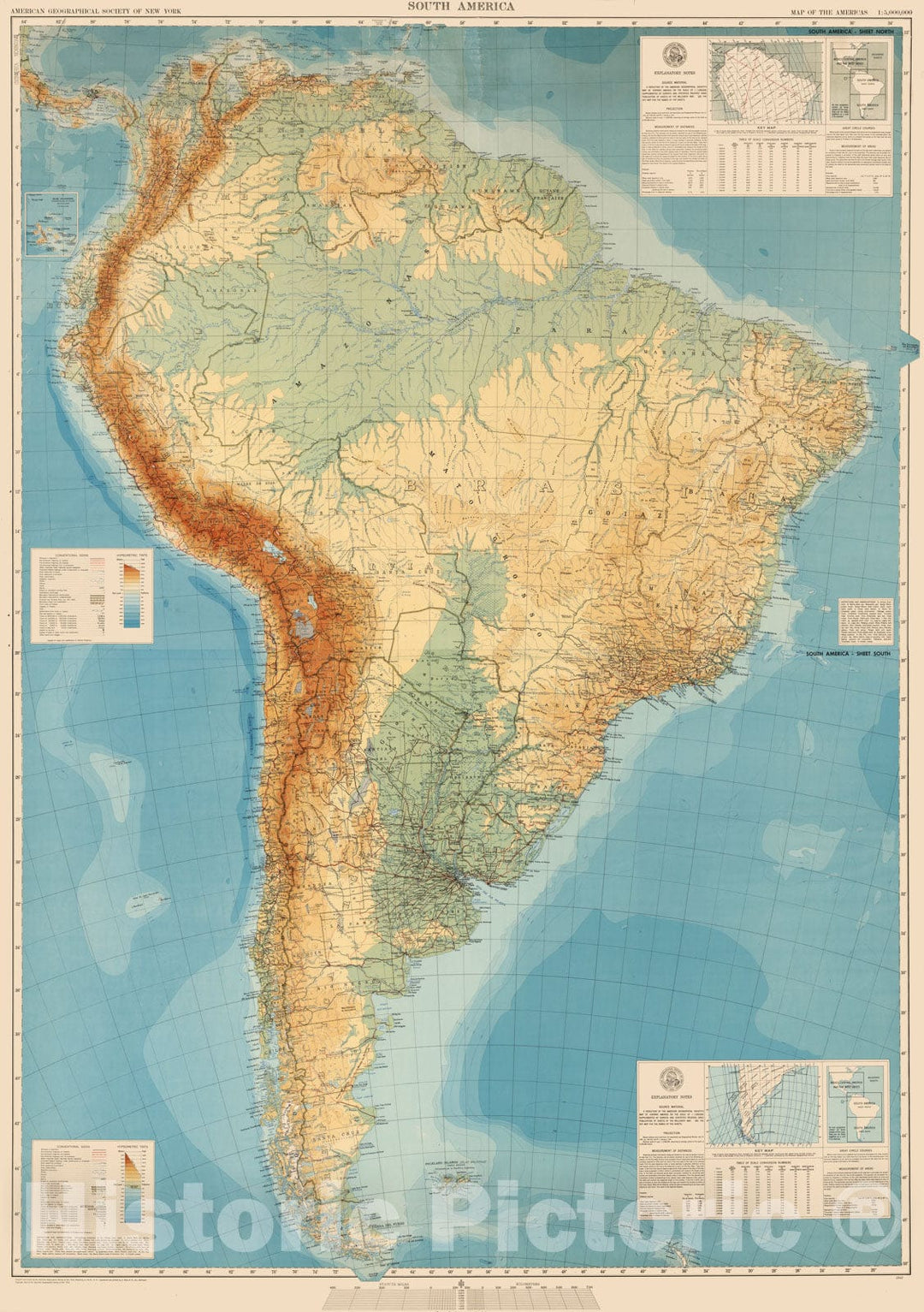 Historic Map - Wall Map, South America - Physical-Political. 1942 - Vintage Wall Art