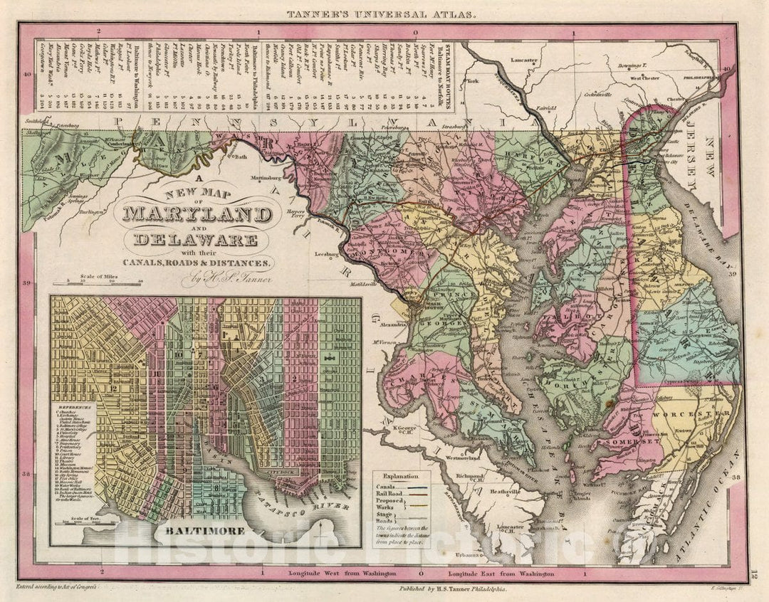 Historic Map : A New Map of Maryland and Delaware with Canals, Roads & Distances by H.S. Tanner. (Inset) Baltimore, 1842 Atlas - Vintage Wall Art