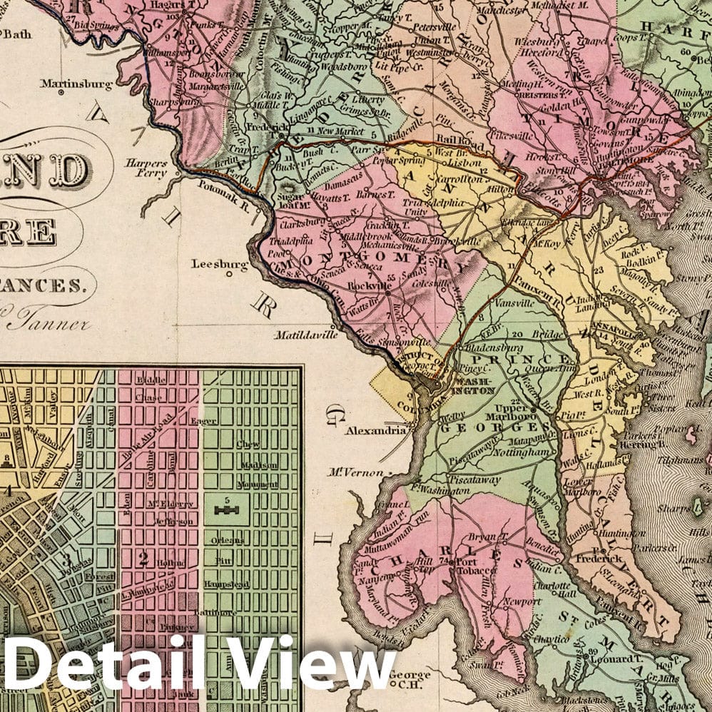 Historic Map : A New Map of Maryland and Delaware with Canals, Roads & Distances by H.S. Tanner. (Inset) Baltimore, 1842 Atlas - Vintage Wall Art