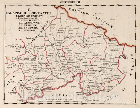 Historic Map : Austria, V.3:11-15:XII: 2. Oesterreich. C. Ungarische erbstaaten, I. Koenigr: Ungarn, Gespanschaft 29, 32-34, 1828 Atlas , Vintage Wall Art