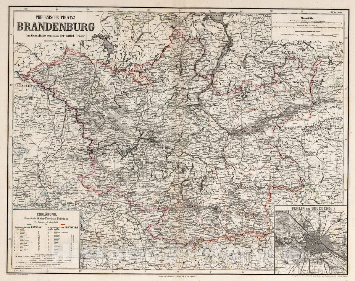 Historic Wall Map : Germany, Berlin Region , Germany Preussische Provinz Brandenburg, 1866 Atlas , Vintage Wall Art